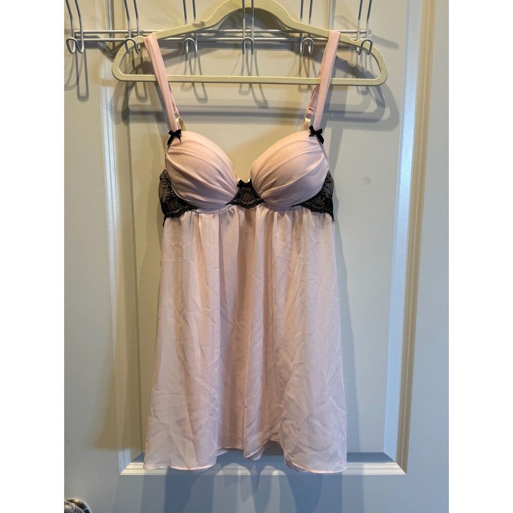 Gilligan & O'Malley Sleepwear Pink Size M Lingerie Babydoll Y2K Black Lace Bow
